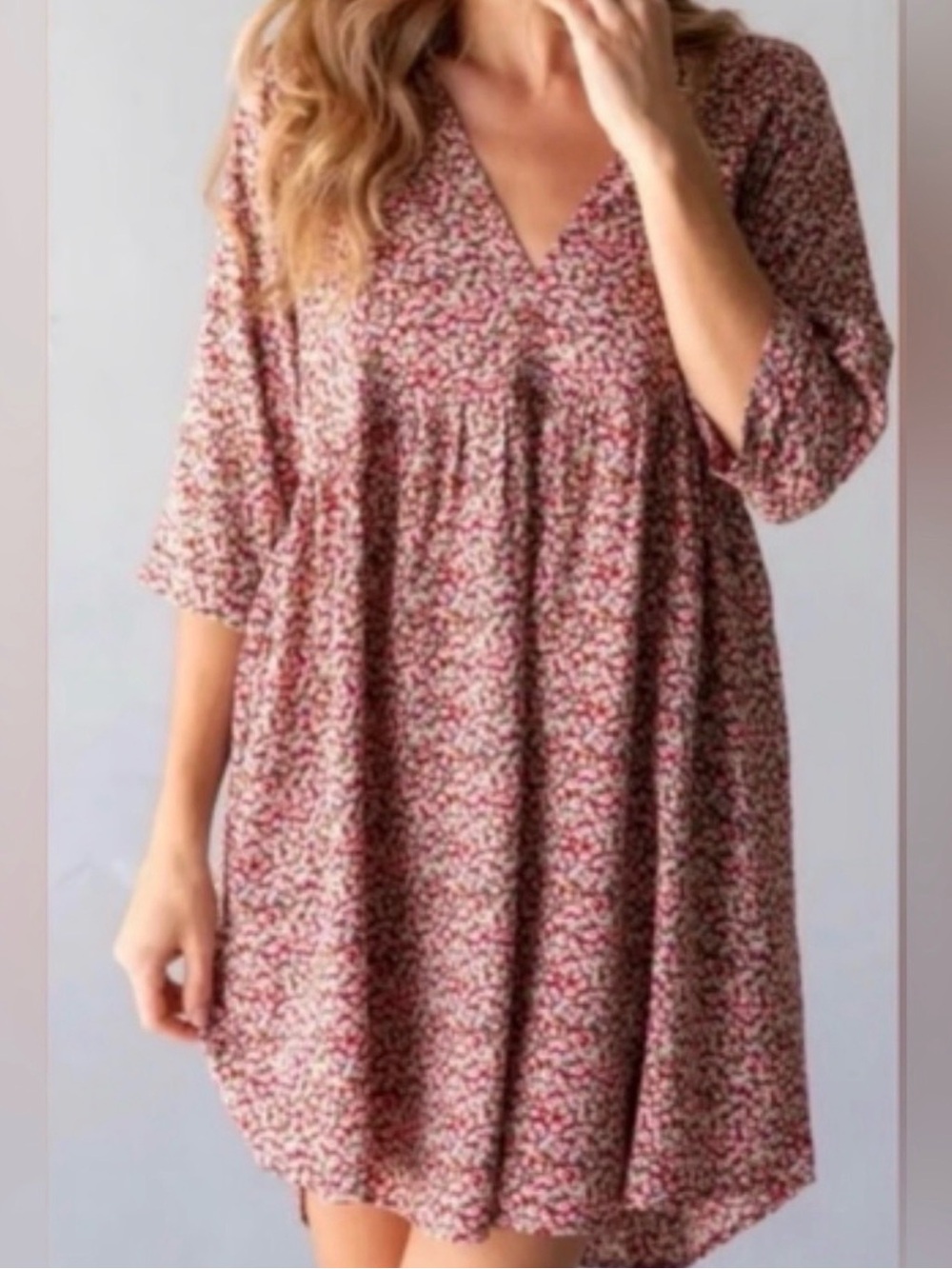 Natural Life Mini babydoll Stella ditsy floral red dress. Pockets/ rolled sleeve